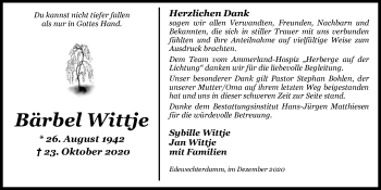 Traueranzeige von Bärbel Wittje von Nordwest-Zeitung