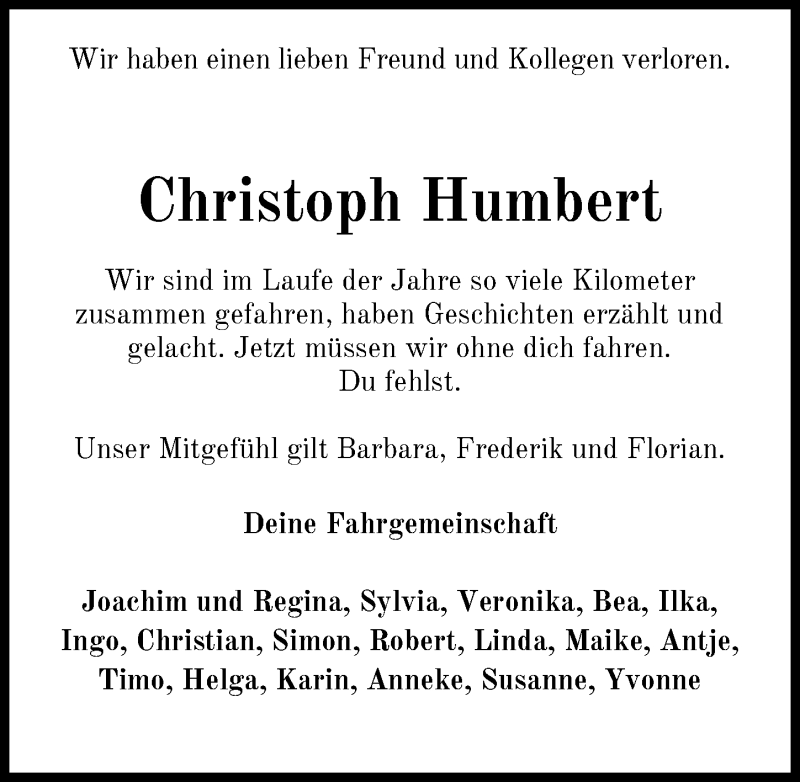  Traueranzeige für Christoph Humbert vom 19.12.2020 aus Nordwest-Zeitung
