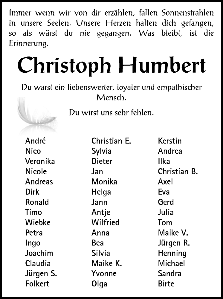  Traueranzeige für Christoph Humbert vom 19.12.2020 aus Nordwest-Zeitung