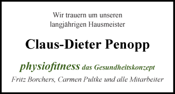 Traueranzeige von Claus-Dieter Penopp von Nordwest-Zeitung
