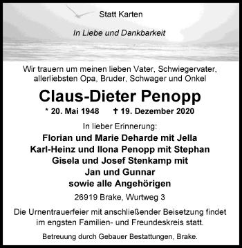 Traueranzeige von Claus-Dieter Penopp von Nordwest-Zeitung