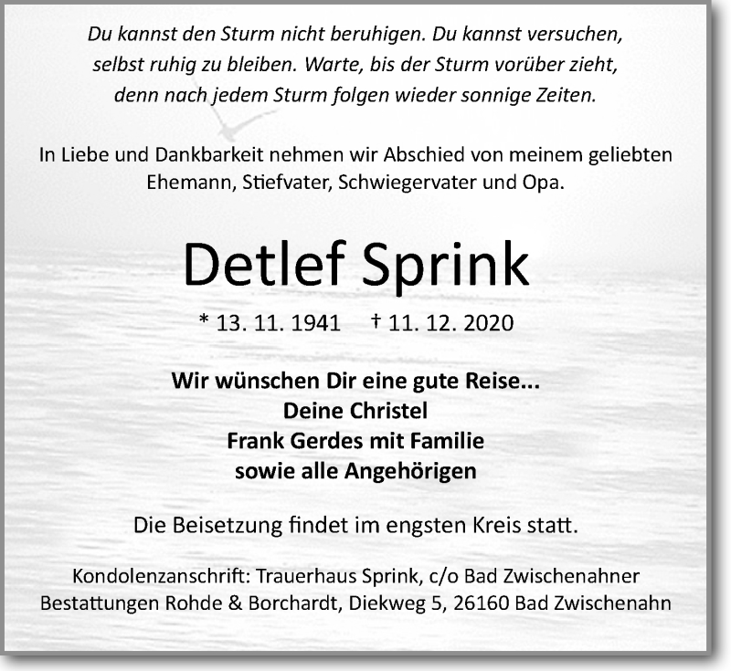  Traueranzeige für Detlef Sprink vom 19.12.2020 aus Nordwest-Zeitung