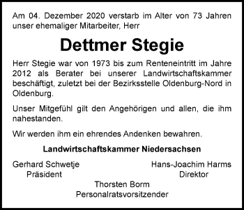 Traueranzeige von Dettmer Stegie von Nordwest-Zeitung