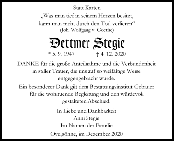 Traueranzeige von Dettmer Stegie von Nordwest-Zeitung