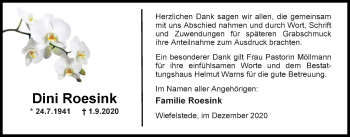 Traueranzeige von Dini Roesink von Nordwest-Zeitung