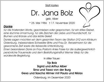 Traueranzeige von Dr. Jana Bolz von Nordwest-Zeitung