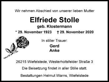 Traueranzeige von Elfriede Stolle von Nordwest-Zeitung