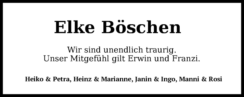  Traueranzeige für Elke Böschen vom 22.12.2020 aus Nordwest-Zeitung