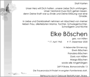 Traueranzeige von Elke Böschen von Nordwest-Zeitung