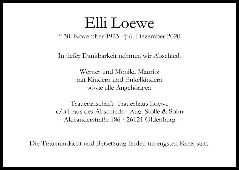  Traueranzeige für Elli Loewe vom 08.12.2020 aus Nordwest-Zeitung