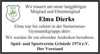 Traueranzeige von Elma Dierks von Nordwest-Zeitung