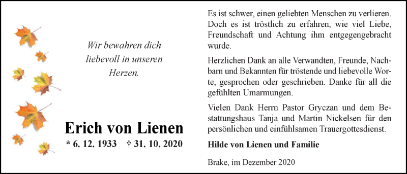  Traueranzeige für Erich von Lienen vom 05.12.2020 aus Nordwest-Zeitung