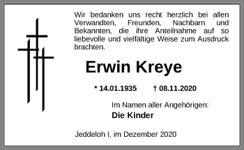 Traueranzeige von Erwin Kreye von Nordwest-Zeitung