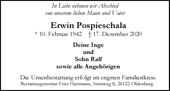 Traueranzeige von Erwin Popieschala von Nordwest-Zeitung