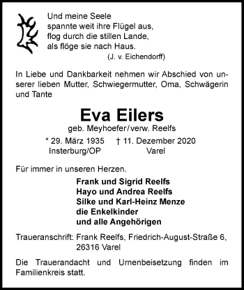 Traueranzeige von Eva Eilers von Nordwest-Zeitung
