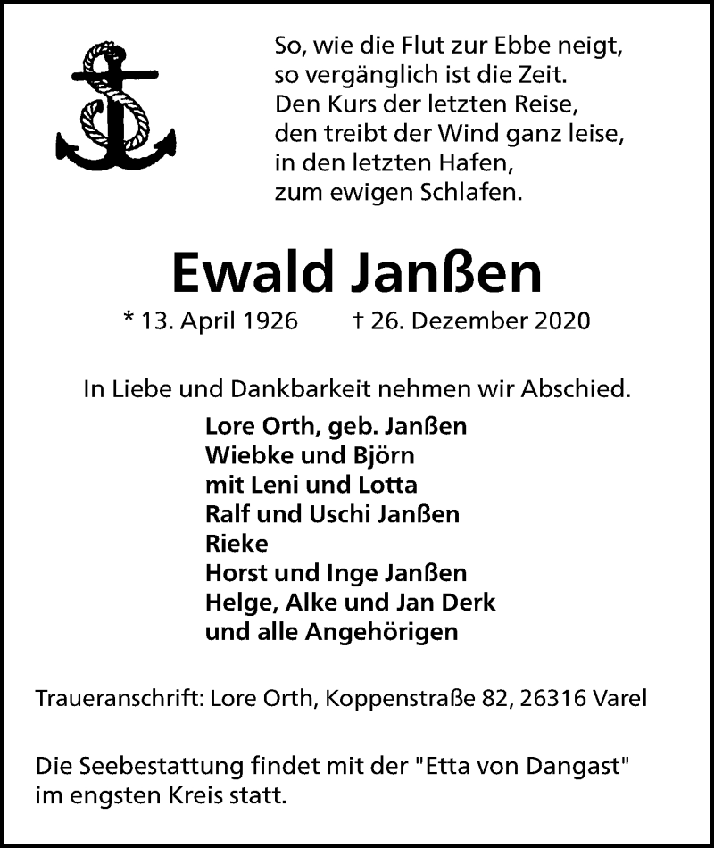  Traueranzeige für Ewald Janßen vom 31.12.2020 aus Nordwest-Zeitung