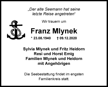 Traueranzeige von Franz Mlynek von Nordwest-Zeitung