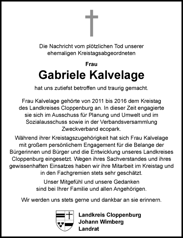  Traueranzeige für Gabriele Kalvelage vom 23.12.2020 aus Nordwest-Zeitung