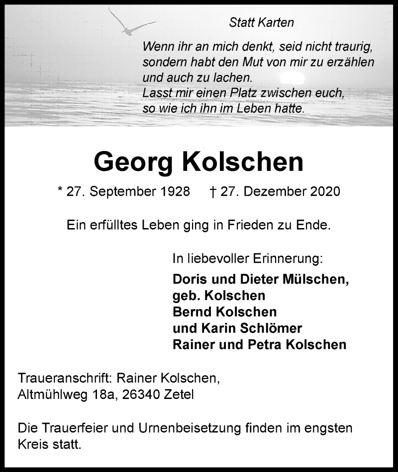  Traueranzeige für Georg Kolschen vom 31.12.2020 aus Nordwest-Zeitung