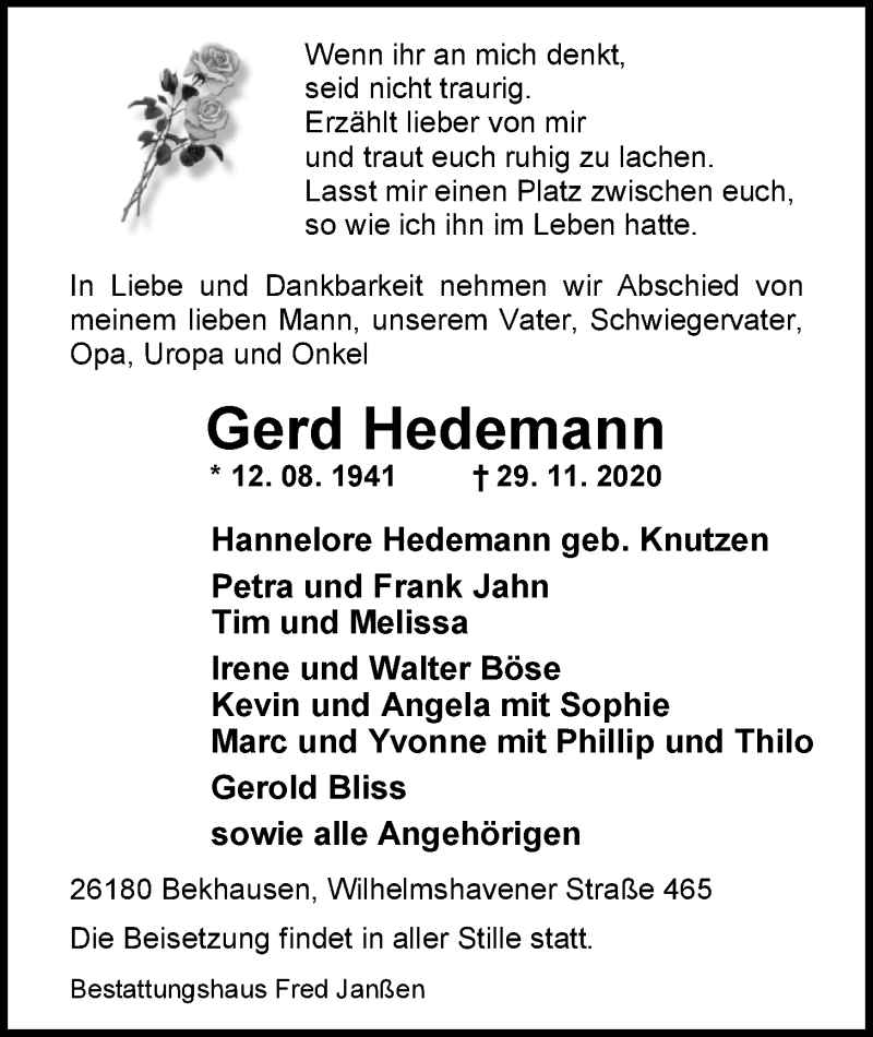 Traueranzeige für Gerd Hedemann vom 02.12.2020 aus Nordwest-Zeitung