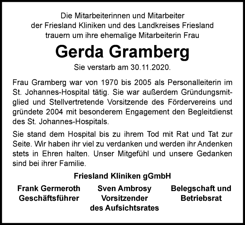  Traueranzeige für Gerda Gramberg vom 04.12.2020 aus Nordwest-Zeitung