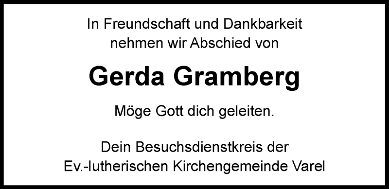  Traueranzeige für Gerda Gramberg vom 08.12.2020 aus Nordwest-Zeitung