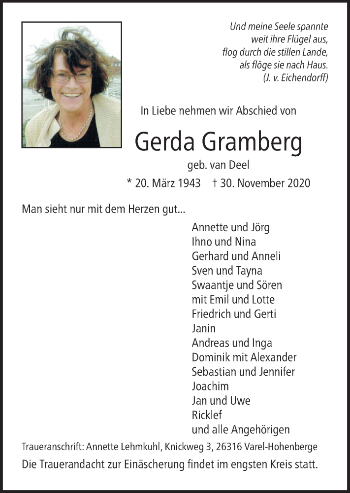  Traueranzeige für Gerda Gramberg vom 04.12.2020 aus Nordwest-Zeitung