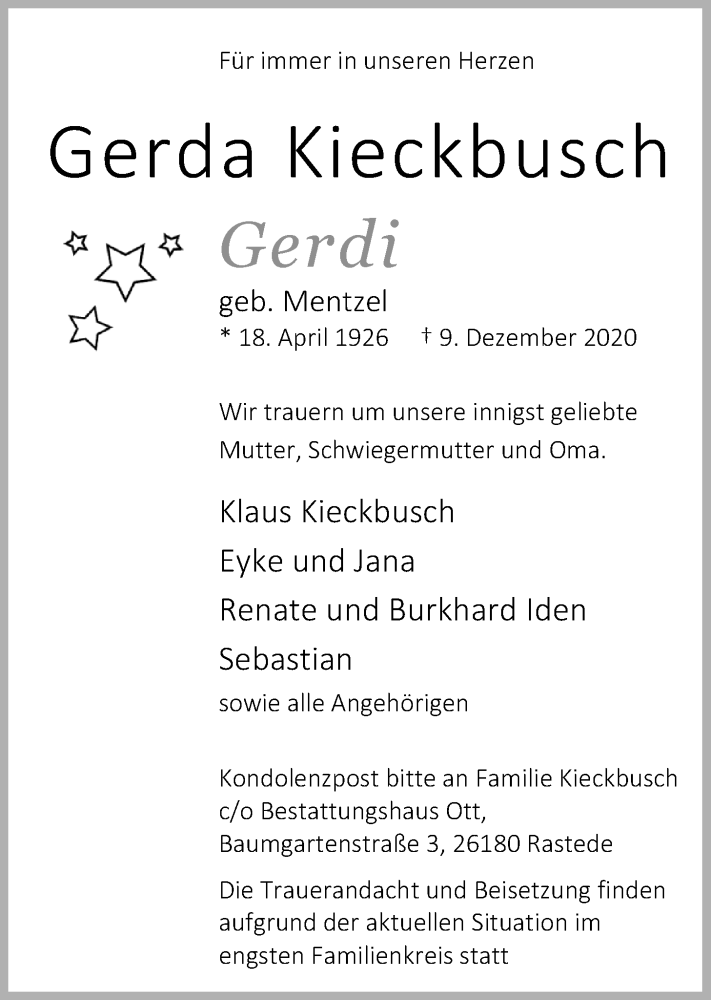  Traueranzeige für Gerda Kieckbusch vom 12.12.2020 aus Nordwest-Zeitung