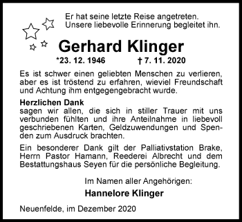 Traueranzeige von Gerhard Klinger von Nordwest-Zeitung
