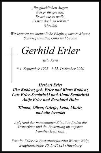 Traueranzeige von Gerhild Erler von Nordwest-Zeitung