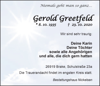 Traueranzeige von Gerold Greetfeld von Nordwest-Zeitung