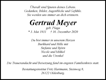 Traueranzeige von Gertrud Meyer von Nordwest-Zeitung