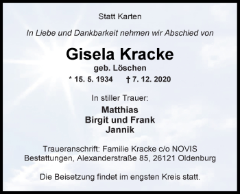 Traueranzeige von Gisela Kracke von Nordwest-Zeitung