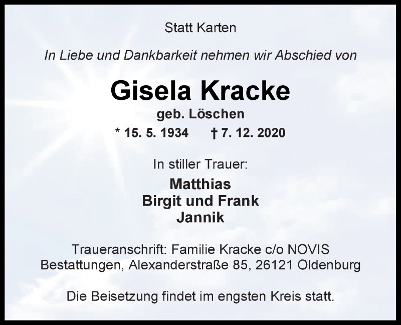  Traueranzeige für Gisela Kracke vom 12.12.2020 aus Nordwest-Zeitung