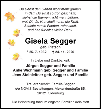 Traueranzeige von Gisela Segger von Nordwest-Zeitung