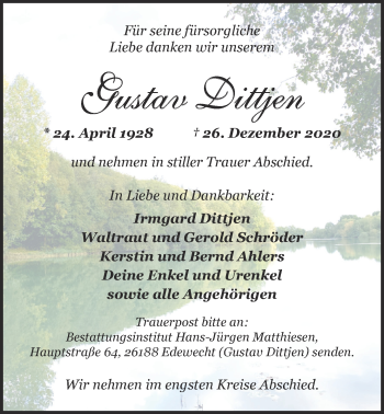 Traueranzeige von Gustav Dittjen von Nordwest-Zeitung