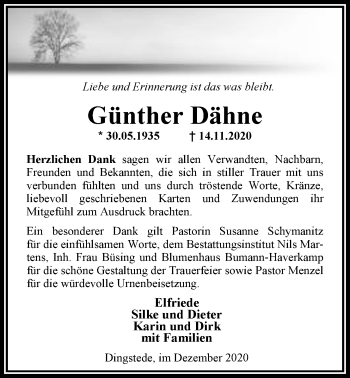 Traueranzeige von Günther Dähne von Nordwest-Zeitung