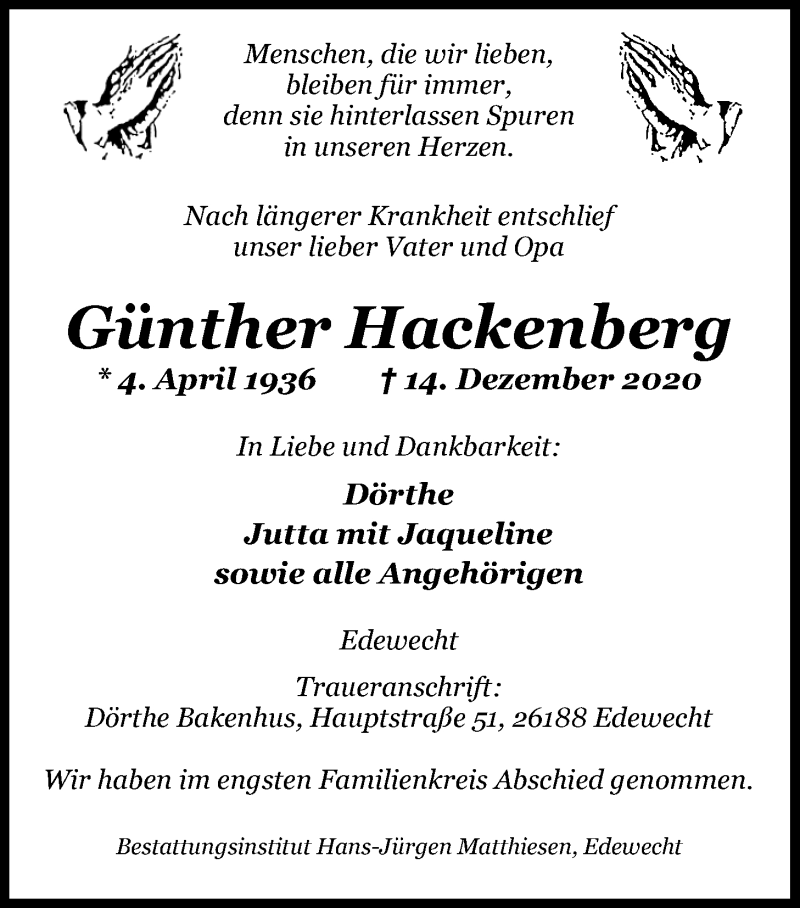  Traueranzeige für Günther Hackenberg vom 22.12.2020 aus Nordwest-Zeitung