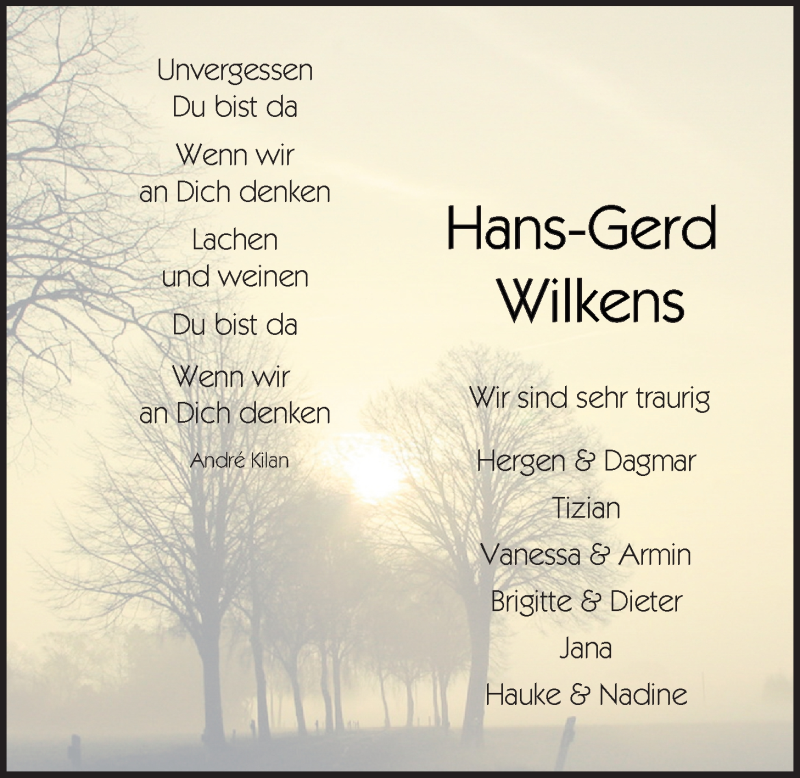  Traueranzeige für Hans-Gerd Wilkens vom 02.12.2020 aus Nordwest-Zeitung
