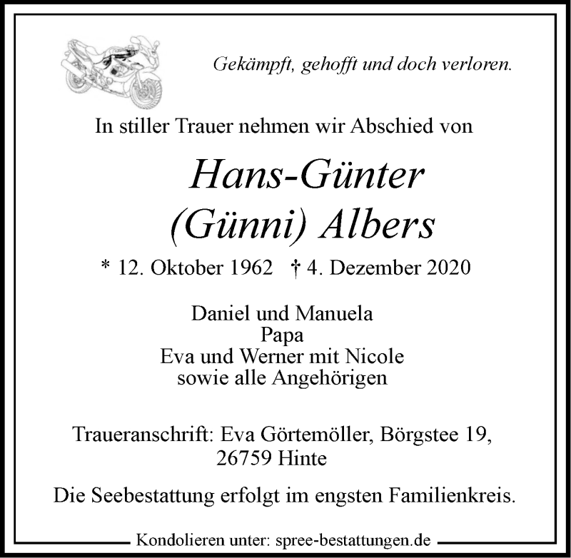  Traueranzeige für Hans-Günter Albers vom 12.12.2020 aus Emder Zeitung