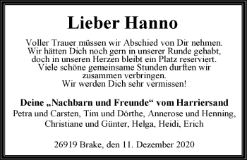 Traueranzeige von Hans-Joachim (Hanno) Brumm von Nordwest-Zeitung