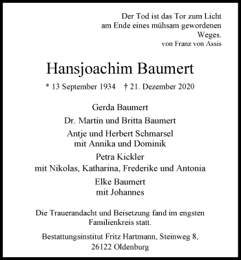 Traueranzeige von Hansjoachim Baumert von Nordwest-Zeitung