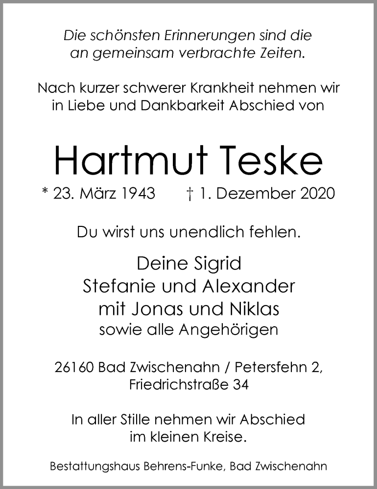  Traueranzeige für Hartmut Teske vom 09.12.2020 aus Nordwest-Zeitung