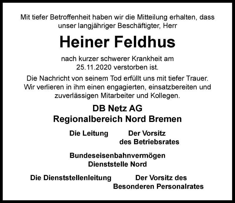  Traueranzeige für Heiner Feldhus vom 05.12.2020 aus Nordwest-Zeitung