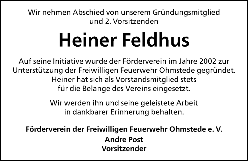  Traueranzeige für Heiner Feldhus vom 03.12.2020 aus Nordwest-Zeitung