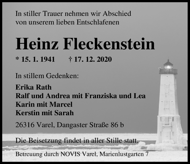  Traueranzeige für Heinz Fleckenstein vom 19.12.2020 aus Nordwest-Zeitung