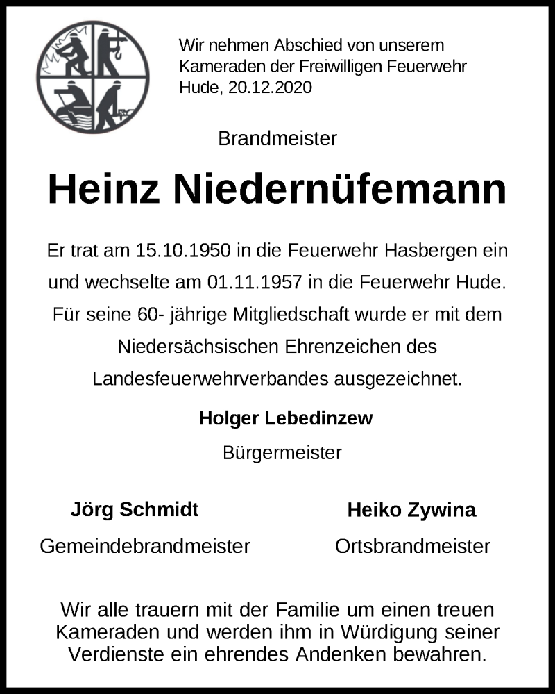  Traueranzeige für Heinz Niedernüfemann vom 28.12.2020 aus Nordwest-Zeitung