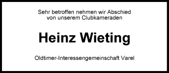 Traueranzeige von Heinz Wieting von Nordwest-Zeitung