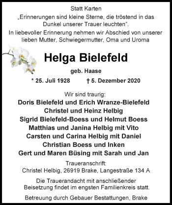 Traueranzeige von Helga Bielefeld von Nordwest-Zeitung