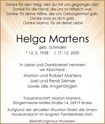 Traueranzeige von Helga Martens von Nordwest-Zeitung